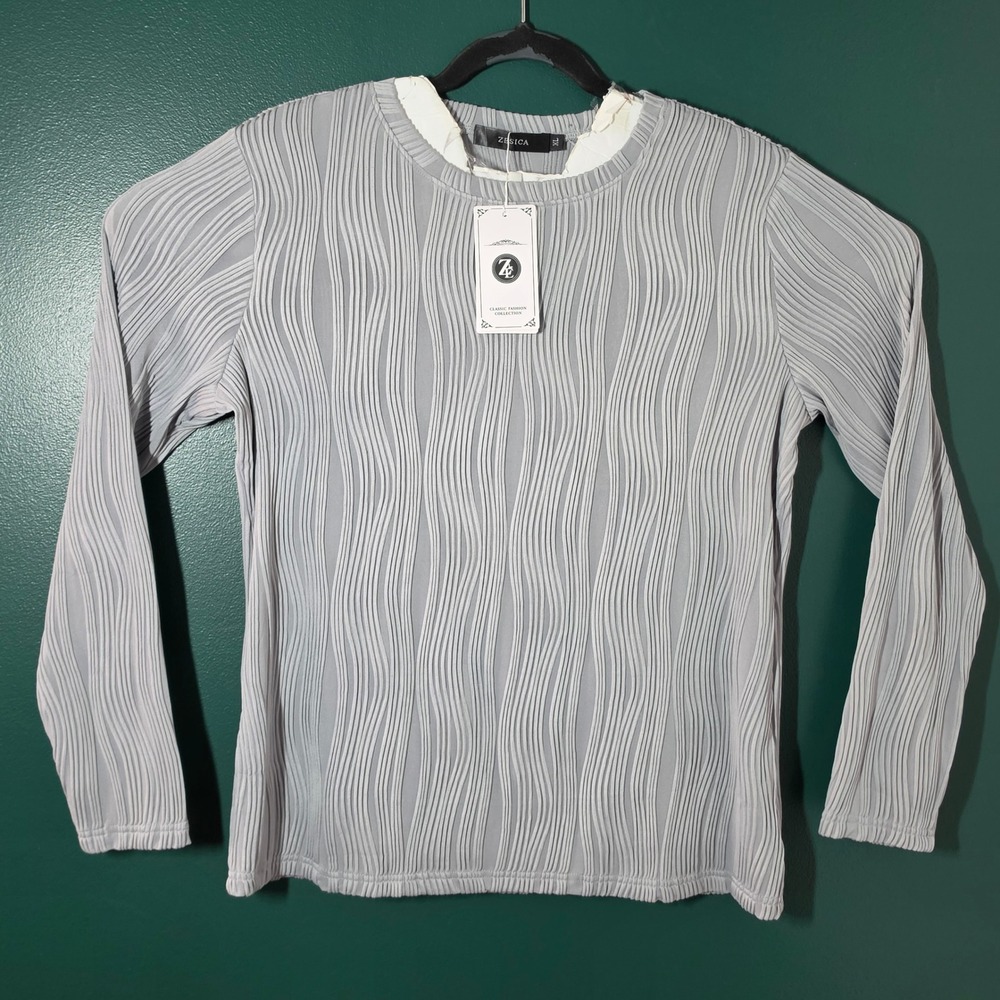 Zesica Grey Wavy Pleated Long Sleeve Crew Neck Top XL New With Tags